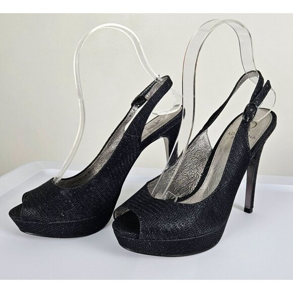 Adrianna Papell Womens Size 7 Black Glitter Peep Toe Slingback High Heels 4.5" - Picture 3 of 16